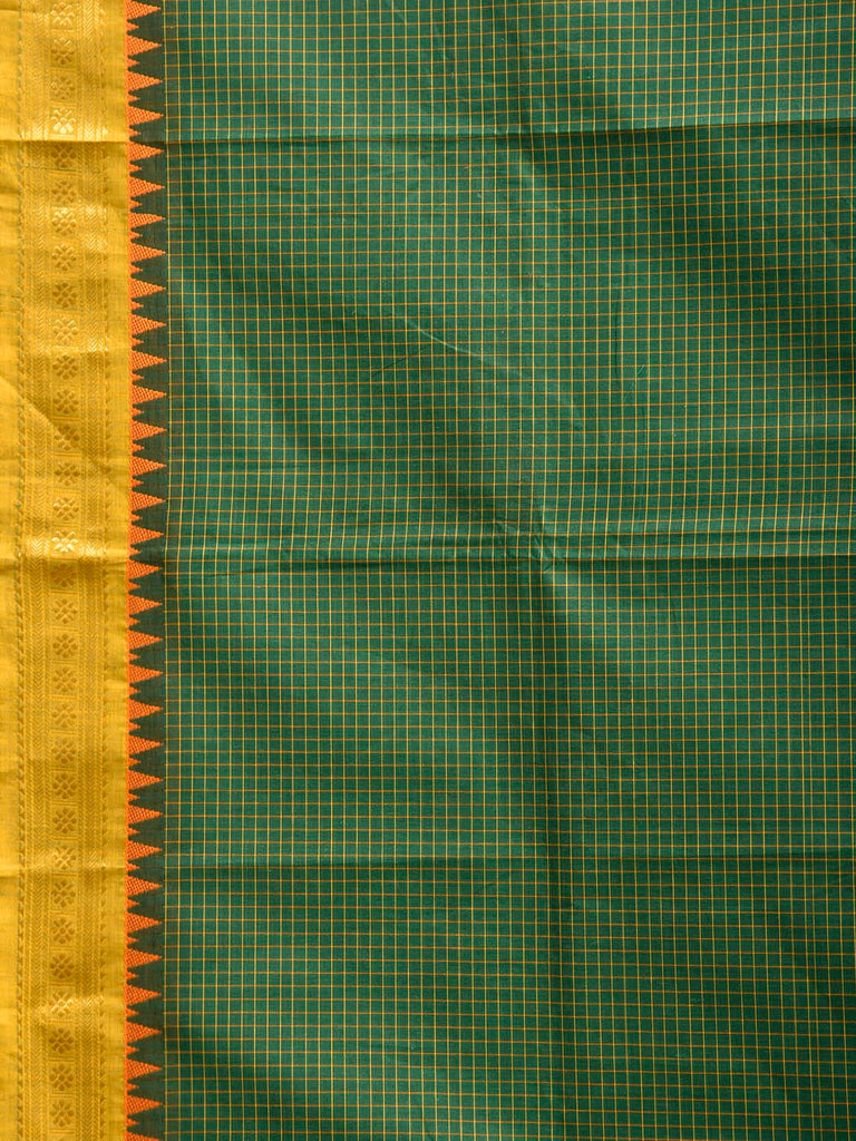 Green and Olive Kanchipuram Cotton Saree with Checks and Strips Pallu Design k0984