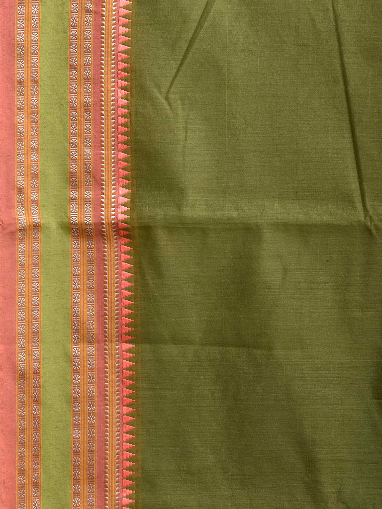 Green and Peach Bamboo Cotton Plain Saree with Strips Pallu Design No Blouse bc1028