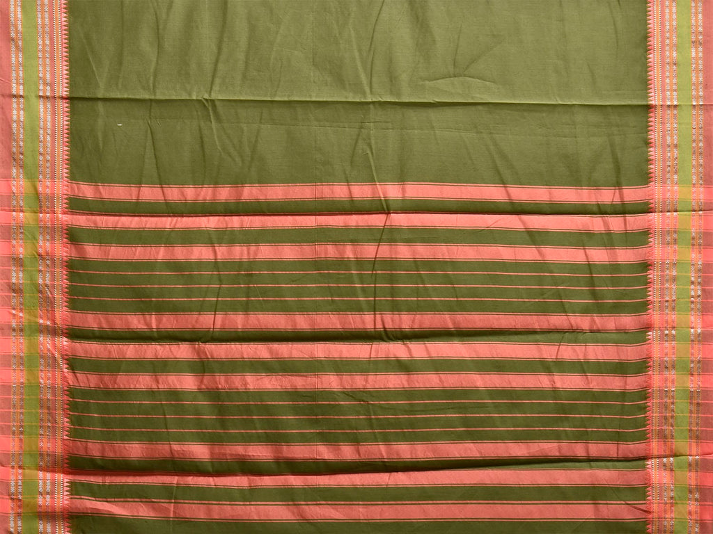 Green and Peach Bamboo Cotton Plain Saree with Strips Pallu Design No Blouse bc1028