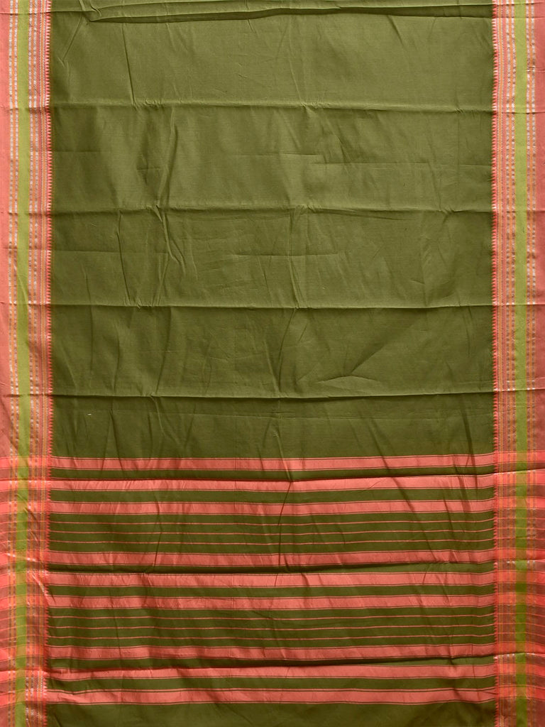Green and Peach Bamboo Cotton Plain Saree with Strips Pallu Design No Blouse bc1028