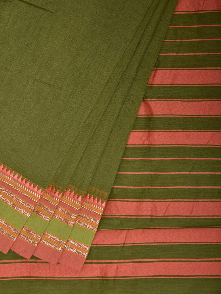 Green and Peach Bamboo Cotton Plain Saree with Strips Pallu Design No Blouse bc1028