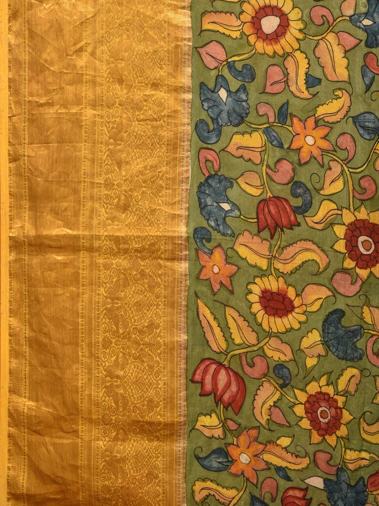 Green and Purple Bandhani Kanchipuram Silk Handloom Saree with Kalamkari Floral Body Design bn0493