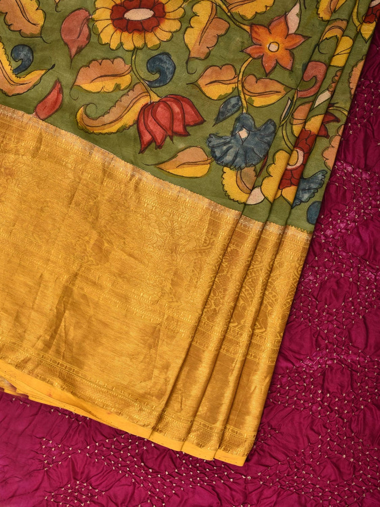 Green and Purple Bandhani Kanchipuram Silk Handloom Saree with Kalamkari Floral Body Design bn0493