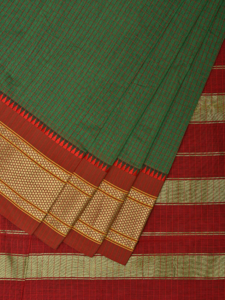 Green and Red Bamboo Cotton Saree with Checks Design No Blouse bc0294