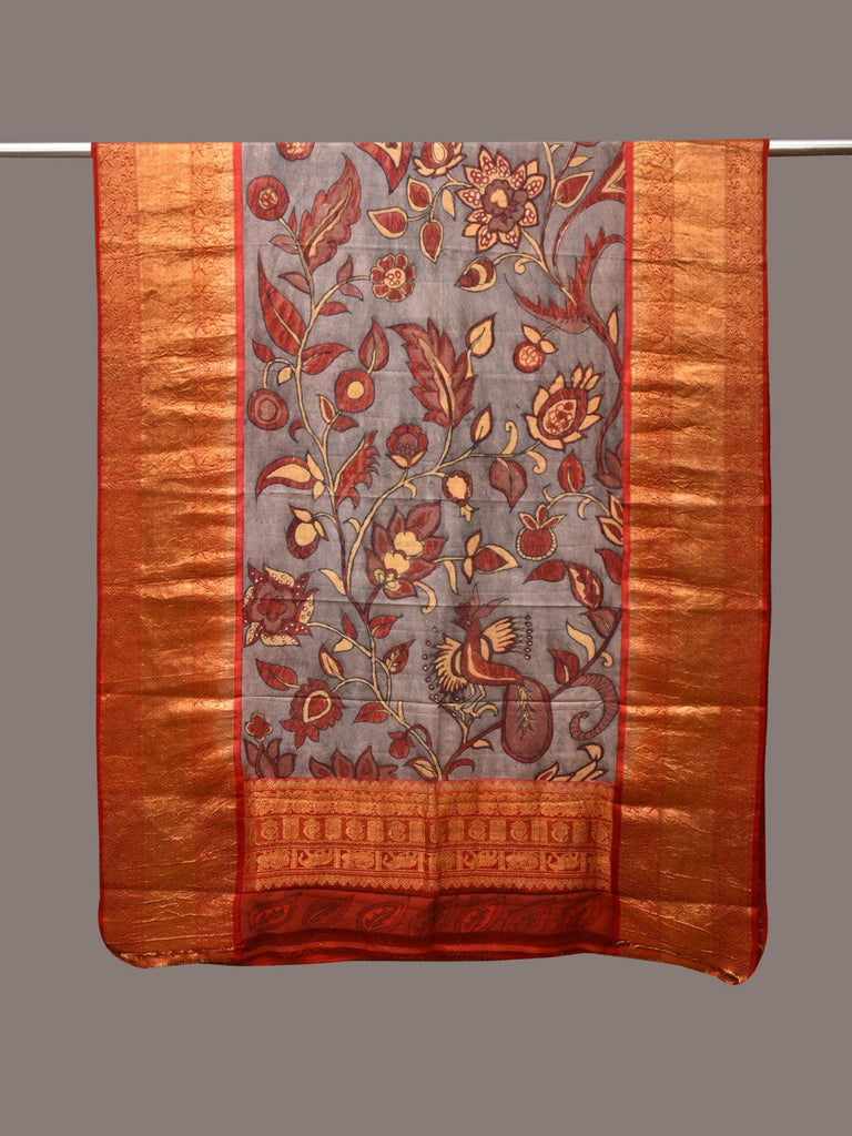 Green and Red Kalamkari Hand Painted Kanchipuram Silk Handloom Dupatta with Floral Design ds3535
