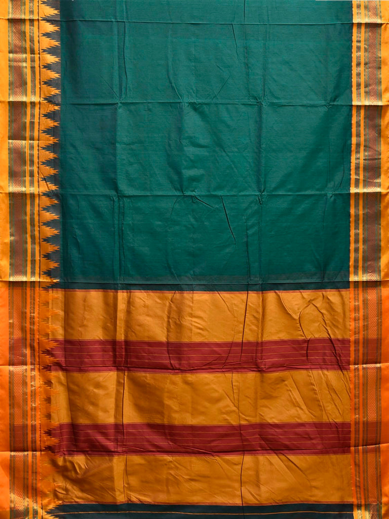 Green and Yellow ilkal Viscose Plain Saree with Contrast Pallu and Temple Border Design il0107