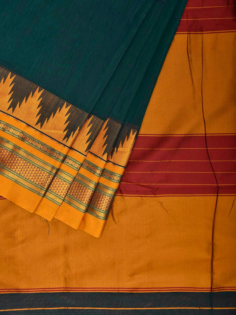 Green and Yellow ilkal Viscose Plain Saree with Contrast Pallu and Temple Border Design il0107