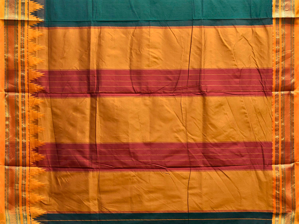 Green and Yellow ilkal Viscose Plain Saree with Contrast Pallu and Temple Border Design il0107