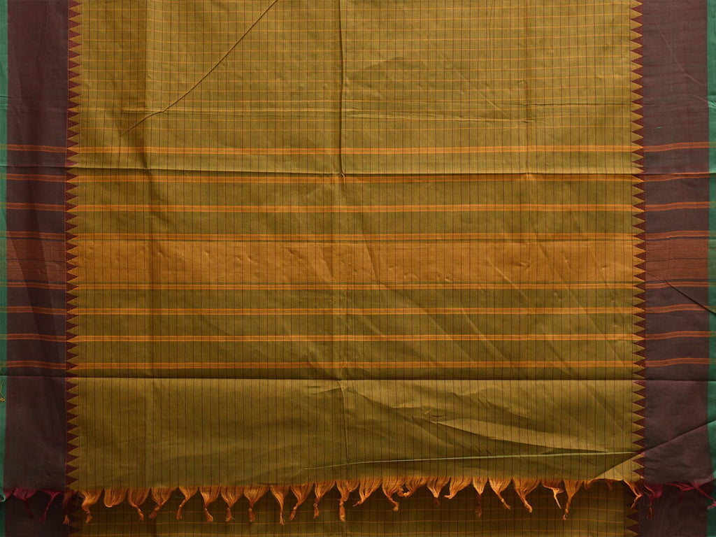 Green and Yellow Kanchipuram Cotton Saree with Checks and Strips Pallu Design k0916