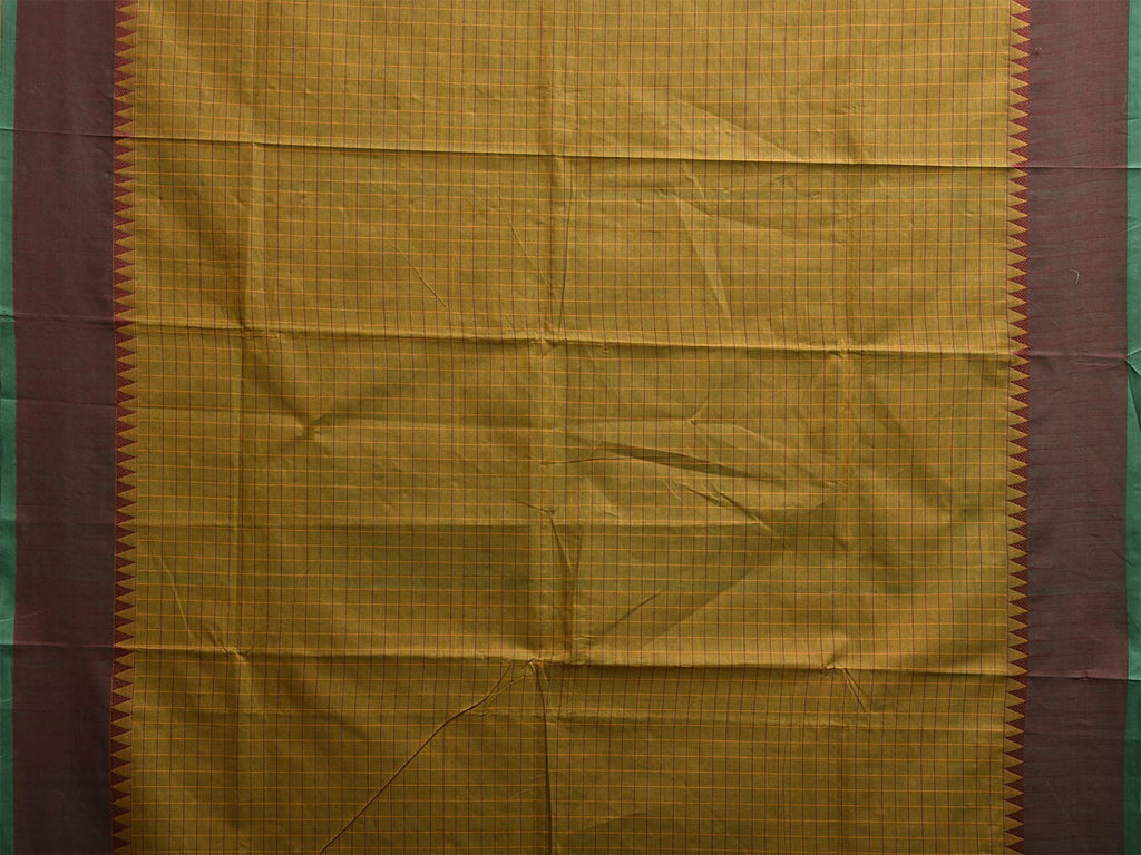 Green and Yellow Kanchipuram Cotton Saree with Checks and Strips Pallu Design k0916