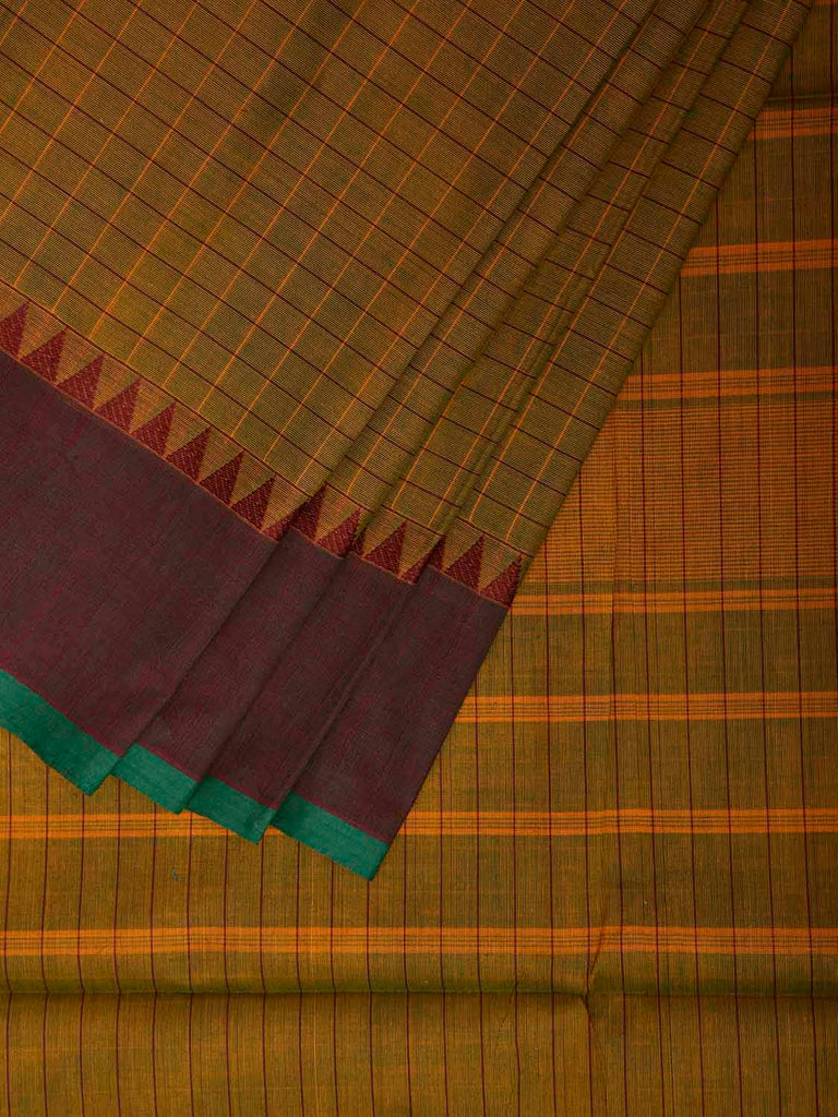 Green and Yellow Kanchipuram Cotton Saree with Checks and Strips Pallu Design k0916