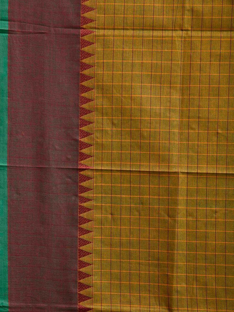 Green and Yellow Kanchipuram Cotton Saree with Checks and Strips Pallu Design k0916