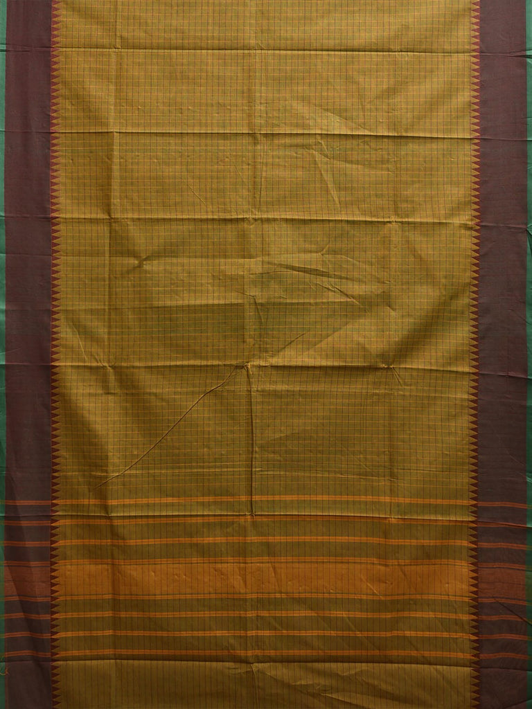 Green and Yellow Kanchipuram Cotton Saree with Checks and Strips Pallu Design k0916