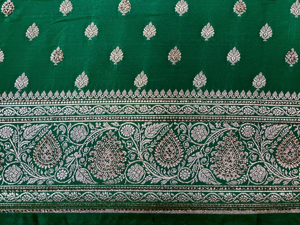 Green Banaras Katan Silk Saree with Body Butti and Stone Work Design b0383ds