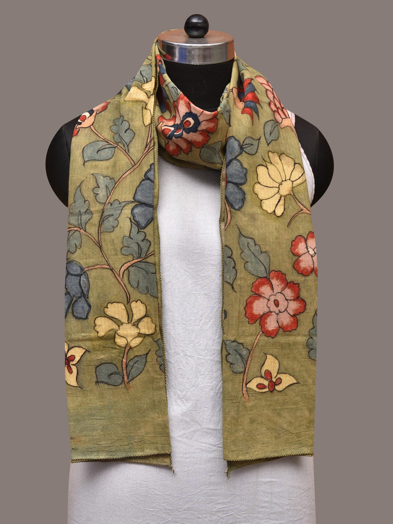 Green Kalamkari Hand Painted Cotton Stole with Floral Design ds3522