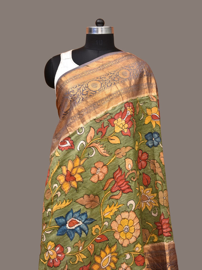 Green Kalamkari Hand Painted Kanchipuram Silk Handloom Dupatta with Floral Design ds3285