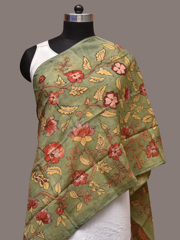 Green Kalamkari Hand Painted Sico Stole with Floral Design ds3520