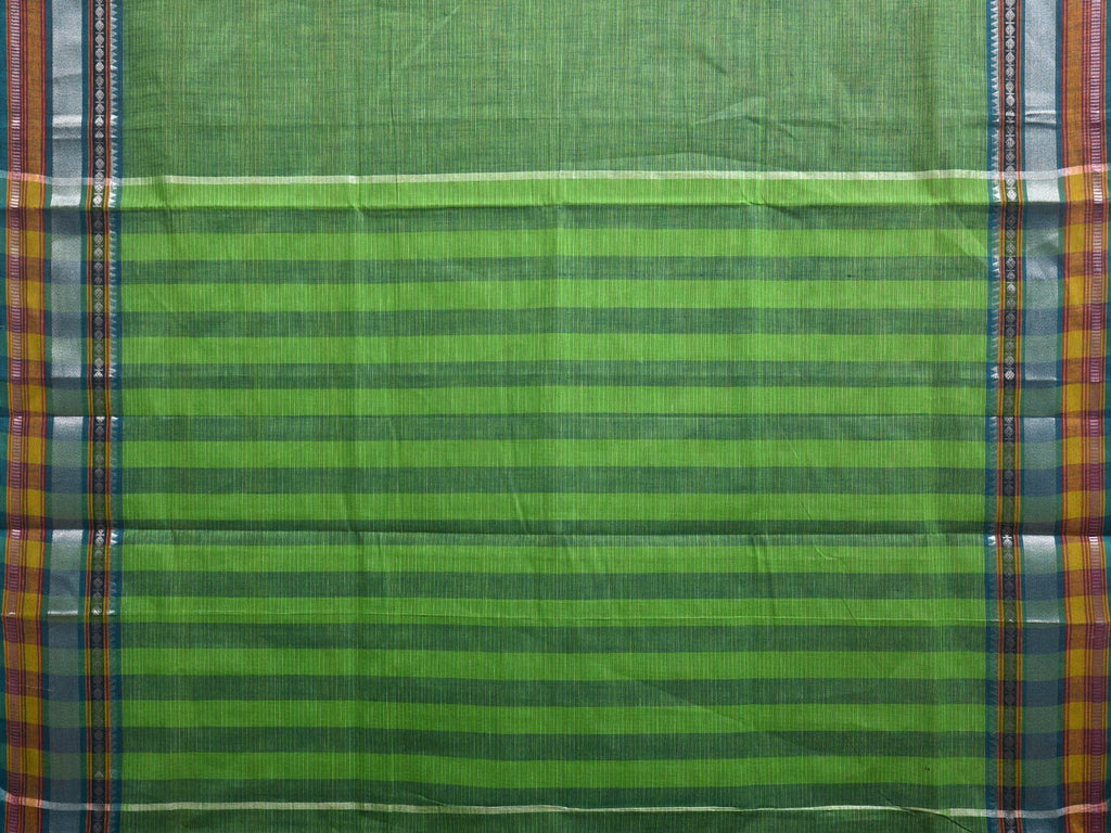 Green Kanchipuram Cotton Handloom Saree with Border and Strips Pallu Design k0535