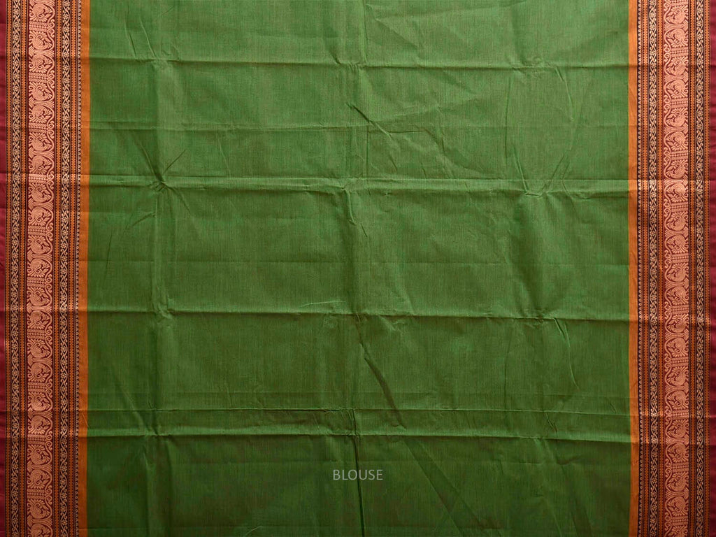 Green Kanchipuram Cotton Plain Saree with Strips Pallu and Border Design k1006