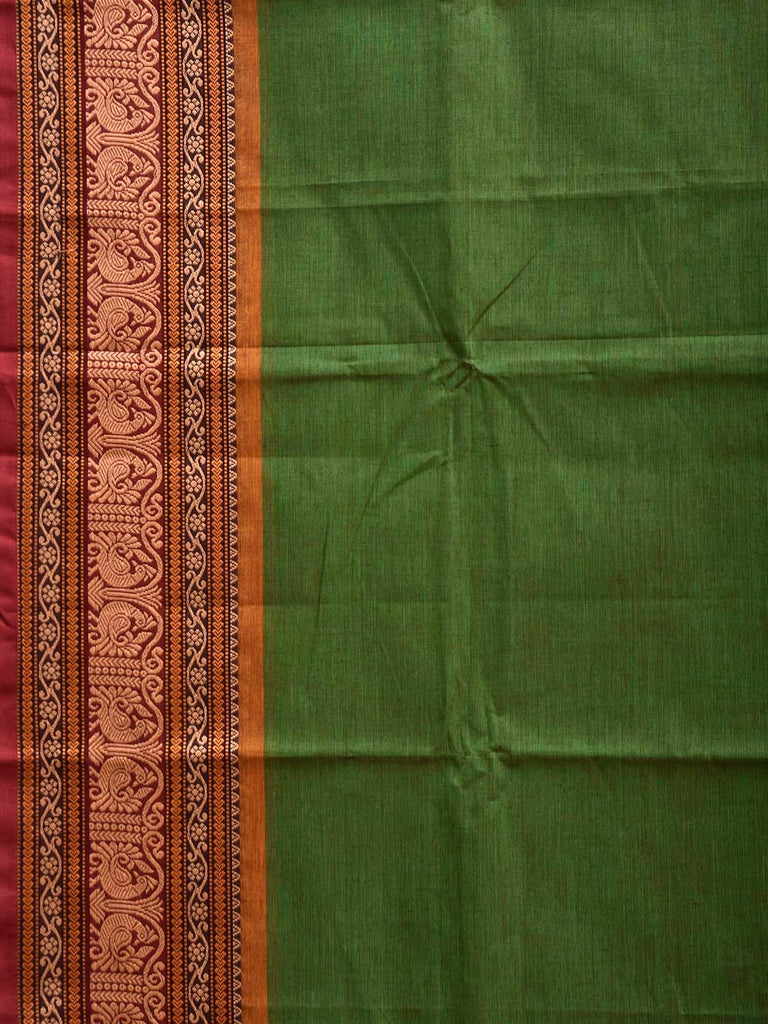 Green Kanchipuram Cotton Plain Saree with Strips Pallu and Border Design k1006