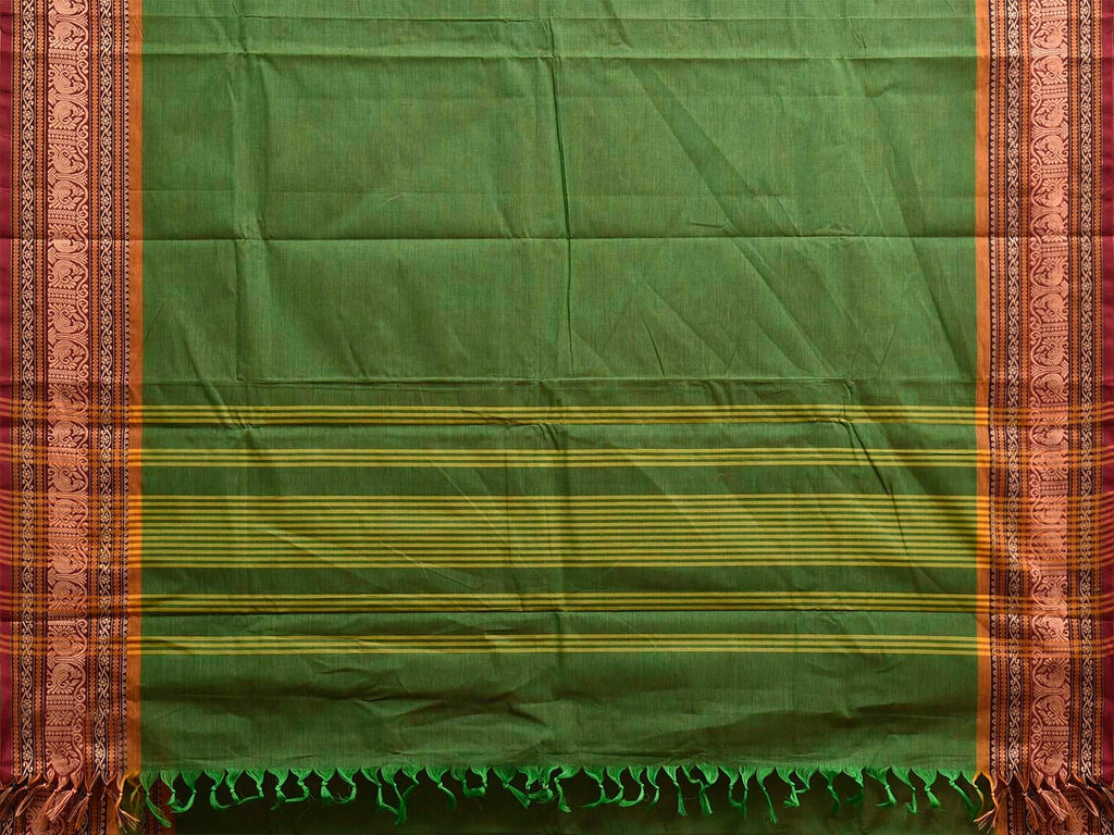 Green Kanchipuram Cotton Plain Saree with Strips Pallu and Border Design k1006