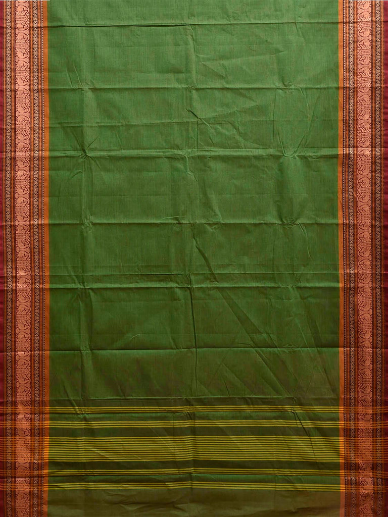 Green Kanchipuram Cotton Plain Saree with Strips Pallu and Border Design k1006