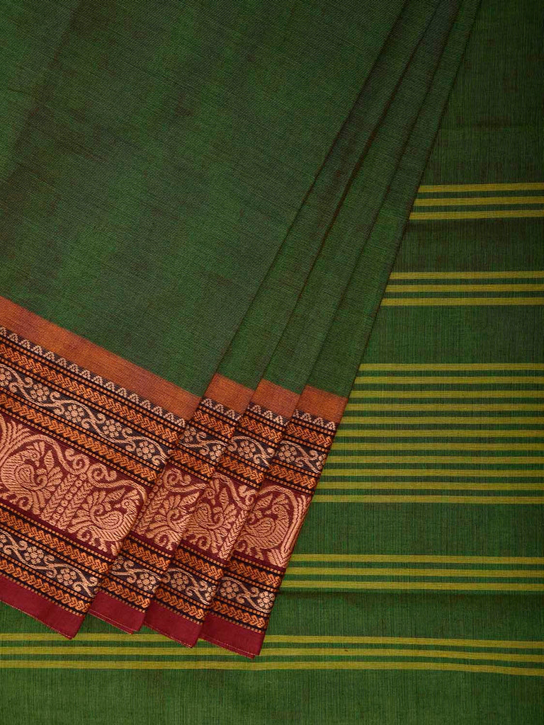 Green Kanchipuram Cotton Plain Saree with Strips Pallu and Border Design k1006