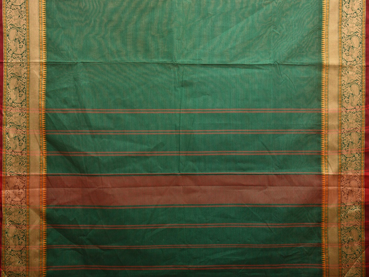 Peacock green plain designer saree, contrast embroidered scallop border main image 1