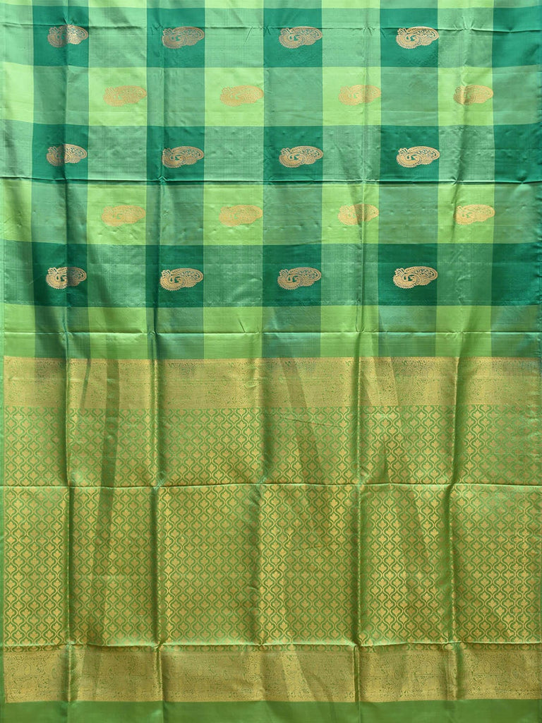 Green Kanchipuram Silk Handloom Saree with Big Checks and Peacock Buta Design k0800