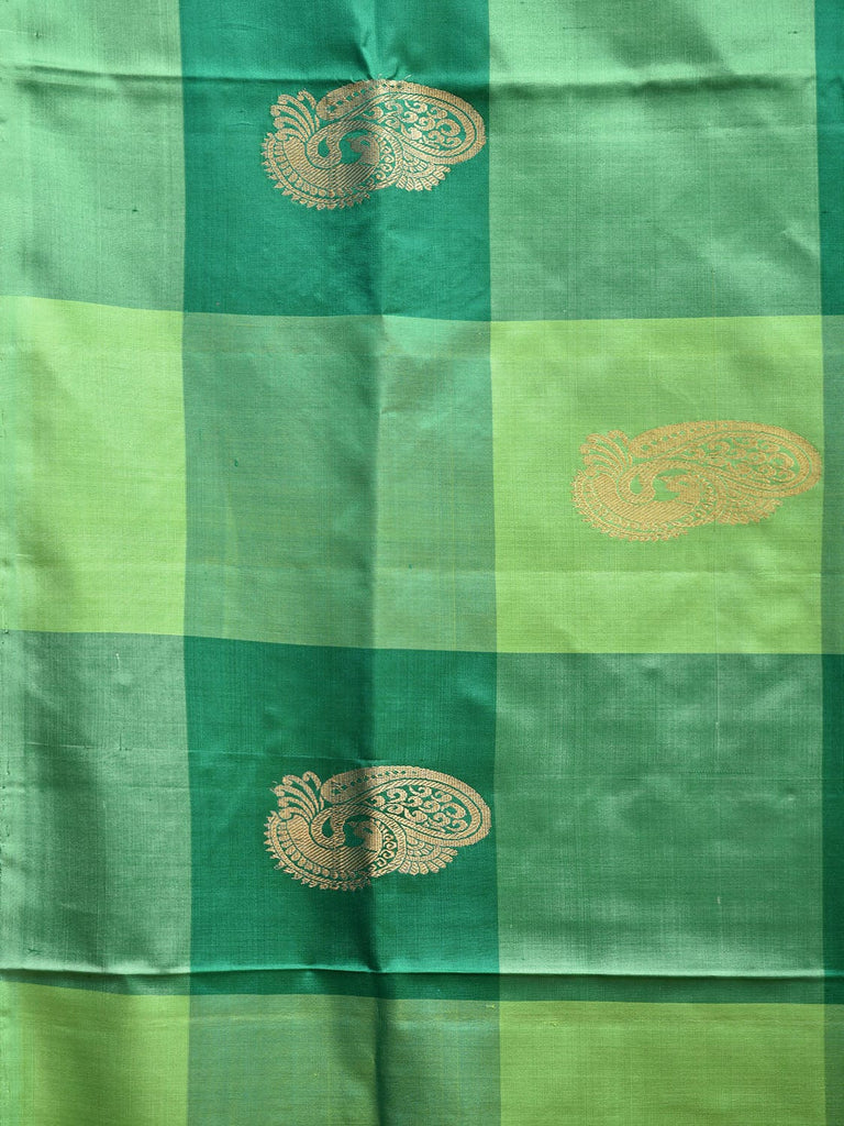 Green Kanchipuram Silk Handloom Saree with Big Checks and Peacock Buta Design k0800