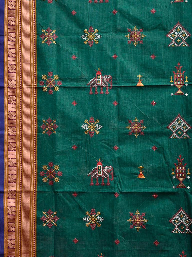 Green Kasuti Kanchipuram Cotton Saree with Elephant Buta and Border Design ku0022