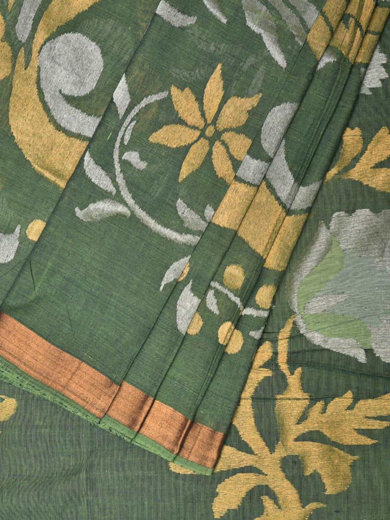 Green Khadi Cotton Handloom Saree with One Side Border and Floral Pallu Design kh0642