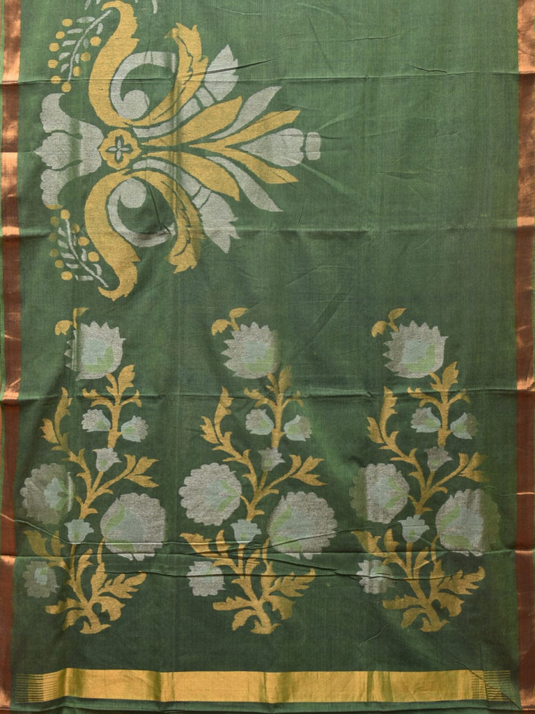 Green Khadi Cotton Handloom Saree with One Side Border and Floral Pallu Design kh0642