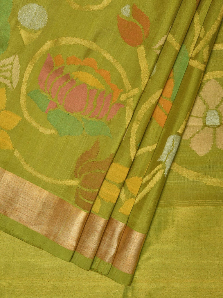 Green Uppada Silk Handloom Saree with All Over Lotus Flowers Design u2138