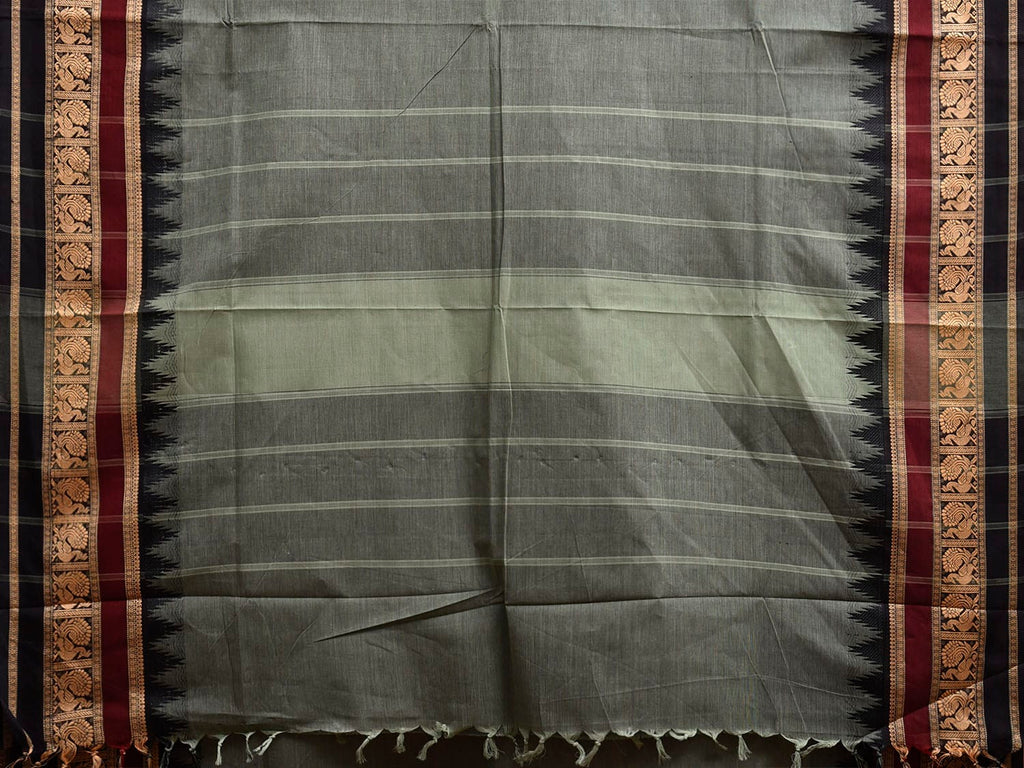 Grey and Black Kanchipuram Cotton Plain Saree with Temple Border Design k0919