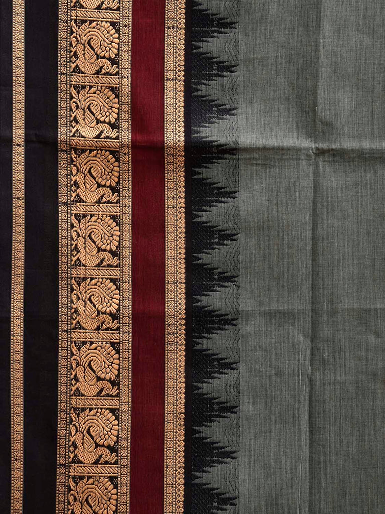 Grey and Black Kanchipuram Cotton Plain Saree with Temple Border Design k0919