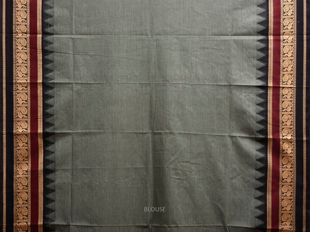 Grey and Black Kanchipuram Cotton Plain Saree with Temple Border Design k0919