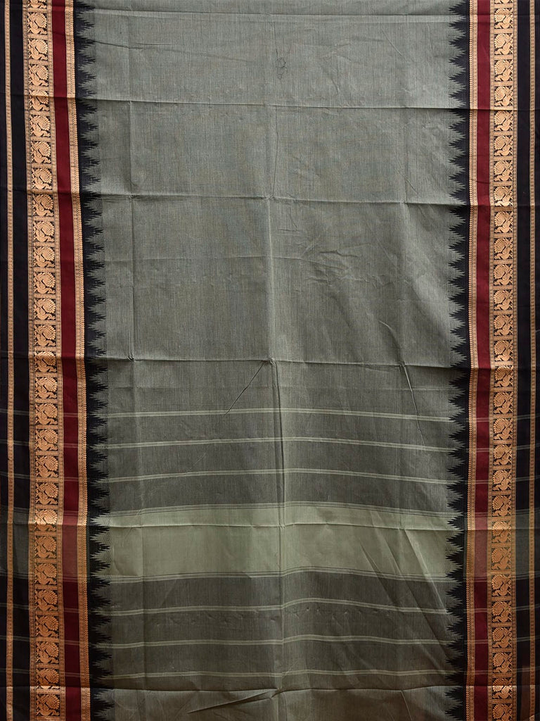 Grey and Black Kanchipuram Cotton Plain Saree with Temple Border Design k0919