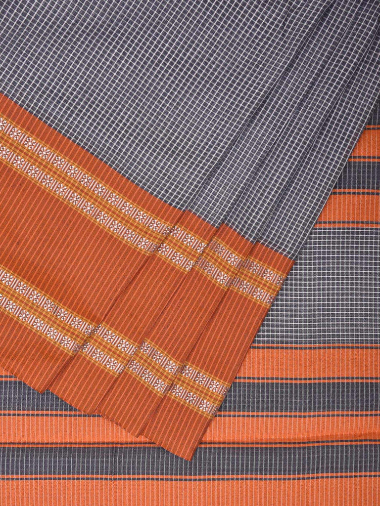 Grey and Orange Bamboo Cotton Saree with Small Checks Design No Blouse bc0396