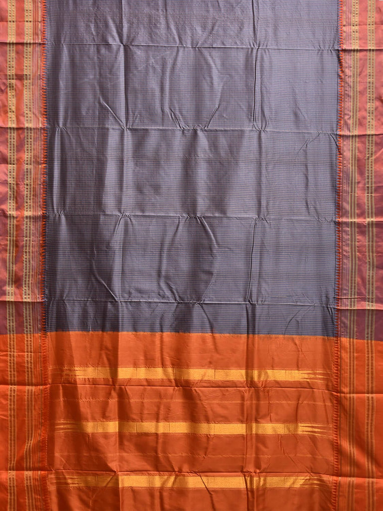 Grey and Orange Narayanpet Silk Handloom Saree with Checks Design No Blouse np1177