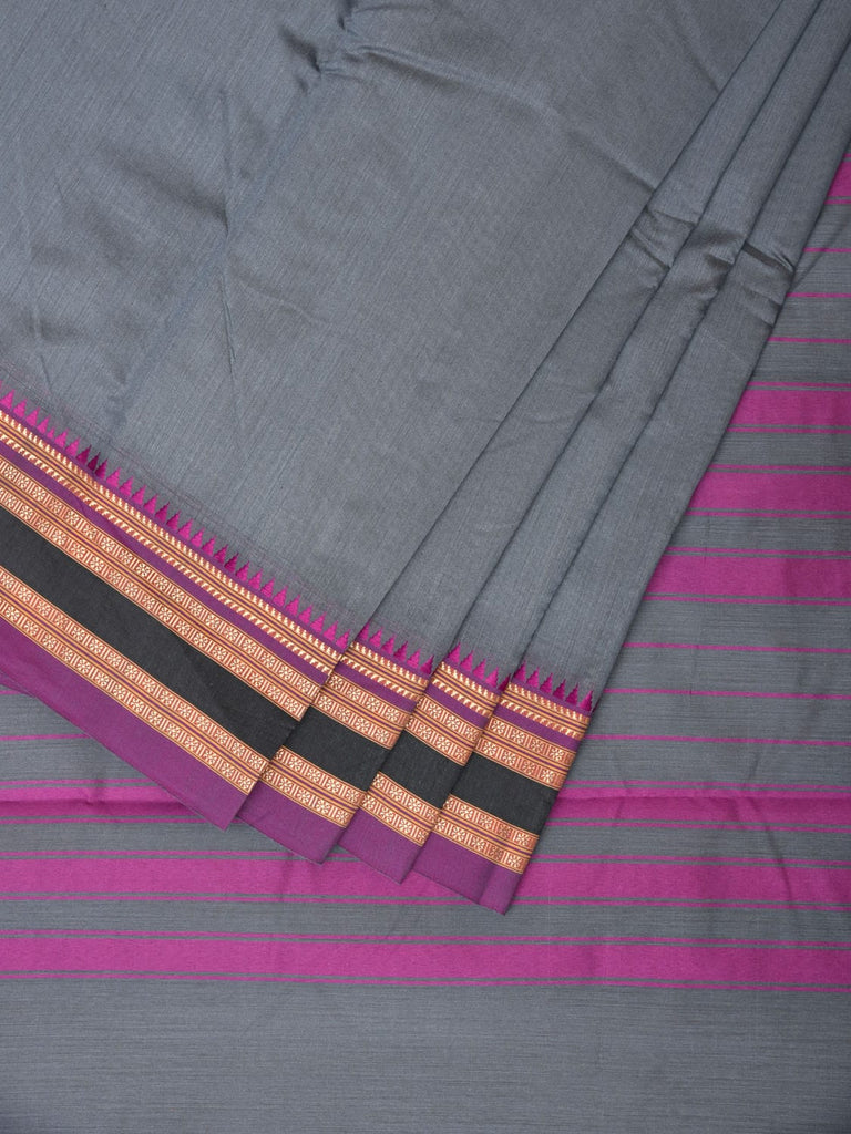 Grey and Purple Bamboo Cotton Plain Saree with Temple Border Design No Blouse bc0175