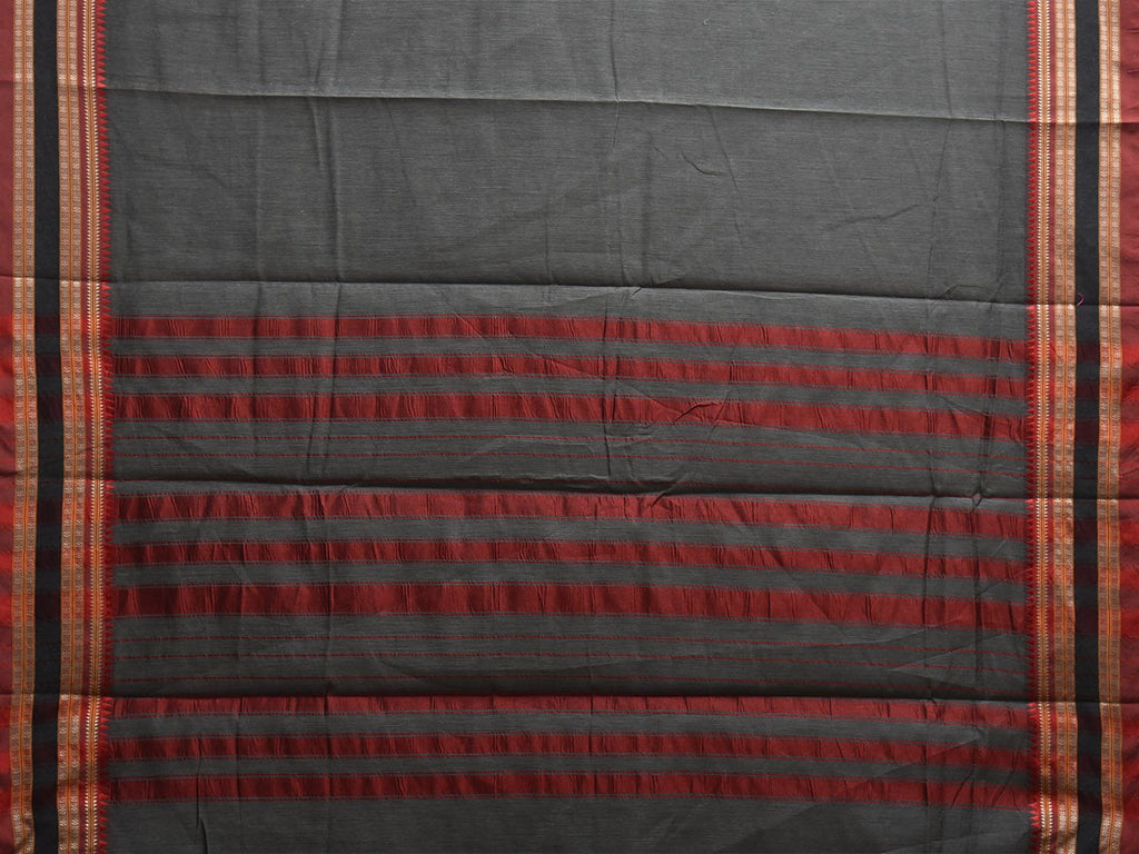 Grey and Red Bamboo Cotton Plain Saree with Strips Pallu Design No Blouse bc0876