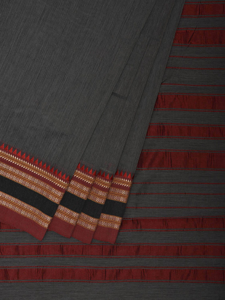 Grey and Red Bamboo Cotton Plain Saree with Strips Pallu Design No Blouse bc0876