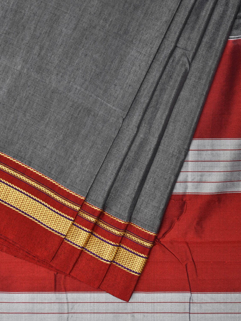 Grey and Red ilkal Cotton Plain Saree with Zari Border Design o0446