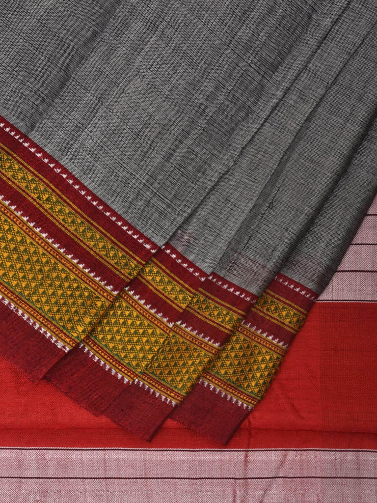 Grey and Red ilkal Viscose Silk Plain Saree with Strips Pallu Design o0472