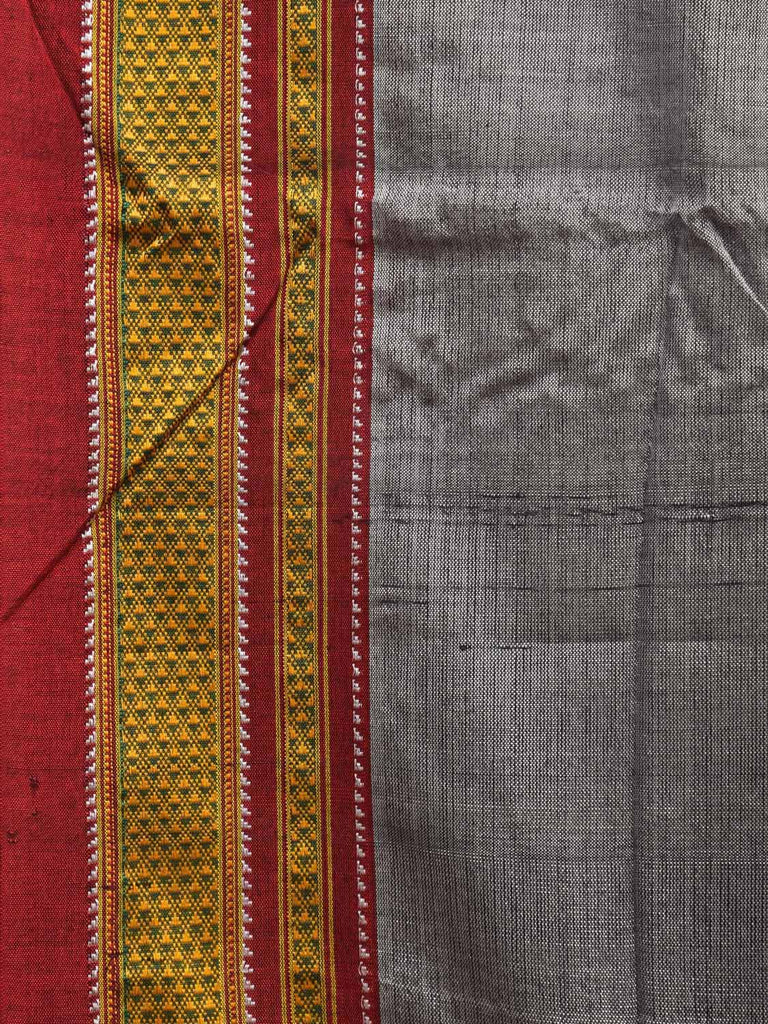 Grey and Red ilkal Viscose Silk Plain Saree with Strips Pallu Design o0472