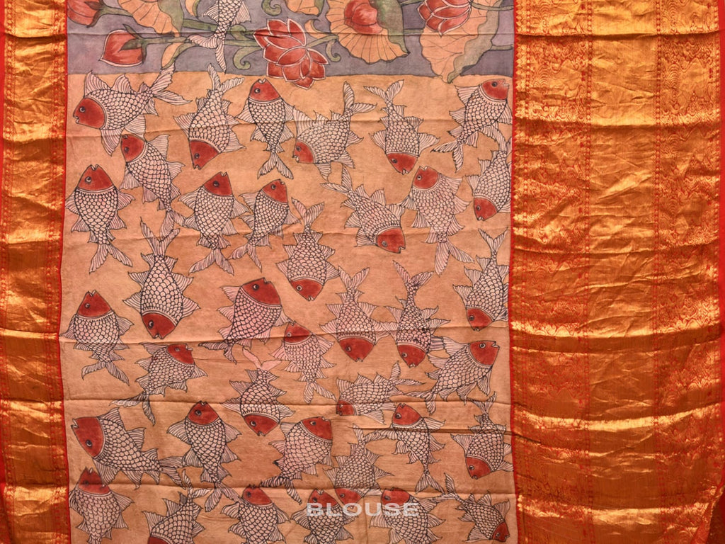 Grey and Red Kalamkari Hand Painted Kanchipuram Silk Handloom Saree with Lotus and Fish Design KL0740