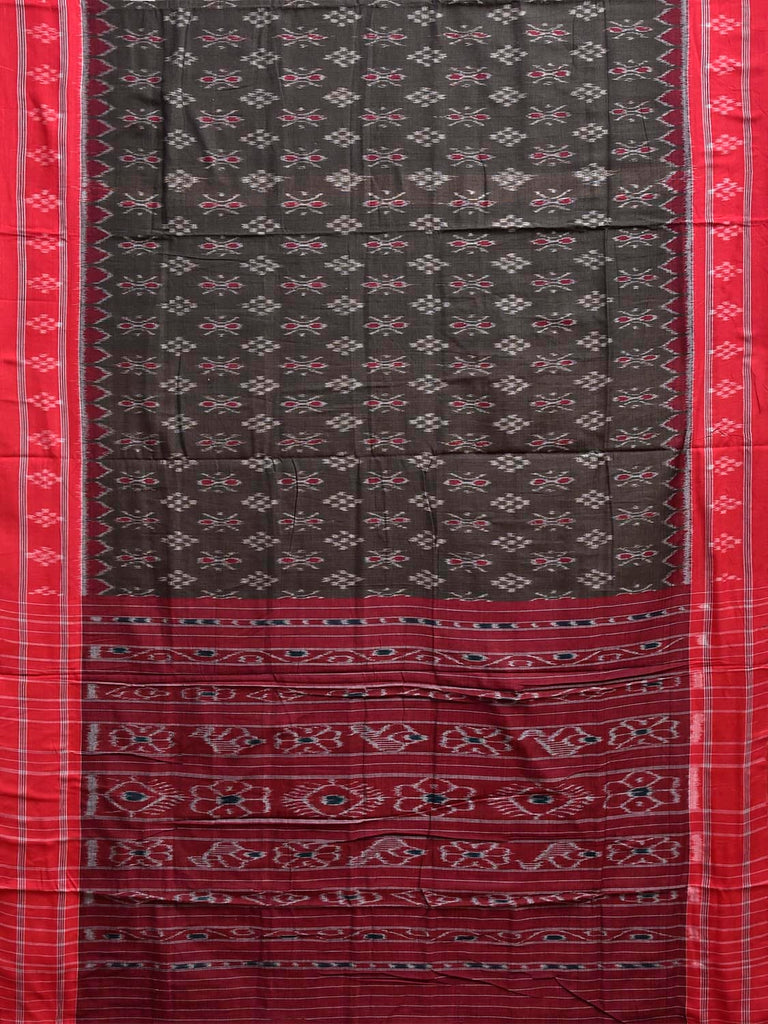 Grey and Red Pochampally Ikat Cotton Handloom Saree with Buta and Pallu Design No Blouse i0969