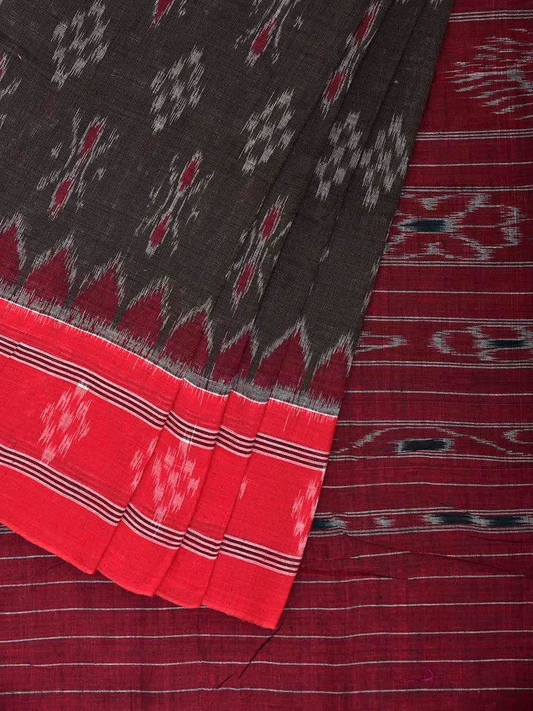 Grey and Red Pochampally Ikat Cotton Handloom Saree with Buta and Pallu Design No Blouse i0969