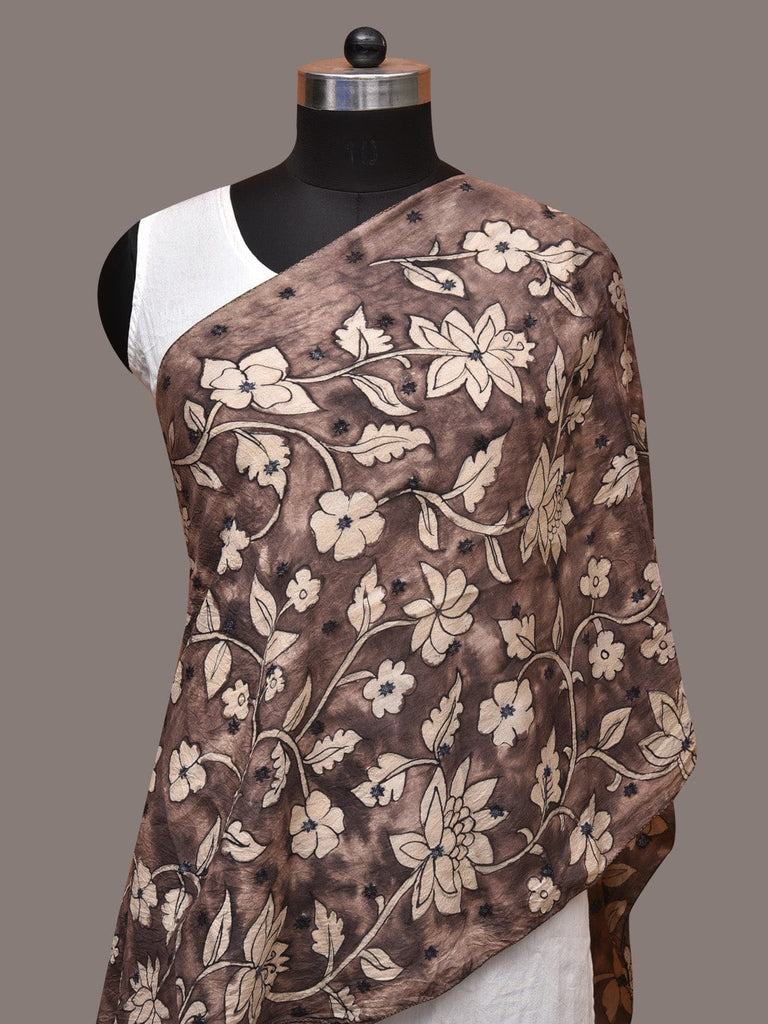 Grey Kalamkari Hand Painted Cotton Silk Stole with Floral Design ds3564